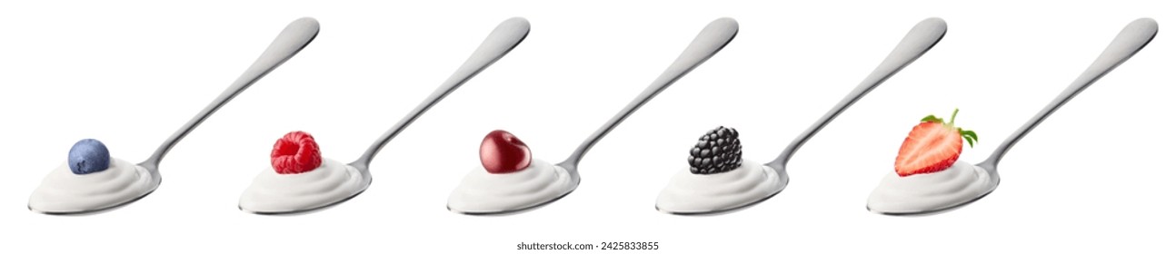 Set or collection with silver spoons of greek yogurt and fresh berries isolated on white background. Blueberry, raspberry, cherry, strawberry and blackberry - Powered by Shutterstock