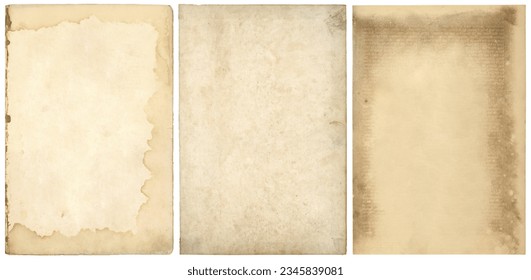 set or collection of three stained blank old book pages or sheets of vintage antique paper, textured retro collage art backgrounds with ripped edges isolated over a white background