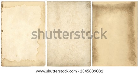 set or collection of three stained blank old book pages or sheets of vintage antique paper, textured retro collage art backgrounds with ripped edges isolated over a white background