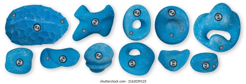 set collection of various blue artificial climbing holds isolated on white background wth clipping path. indoor sport bouldering extreme sport concept