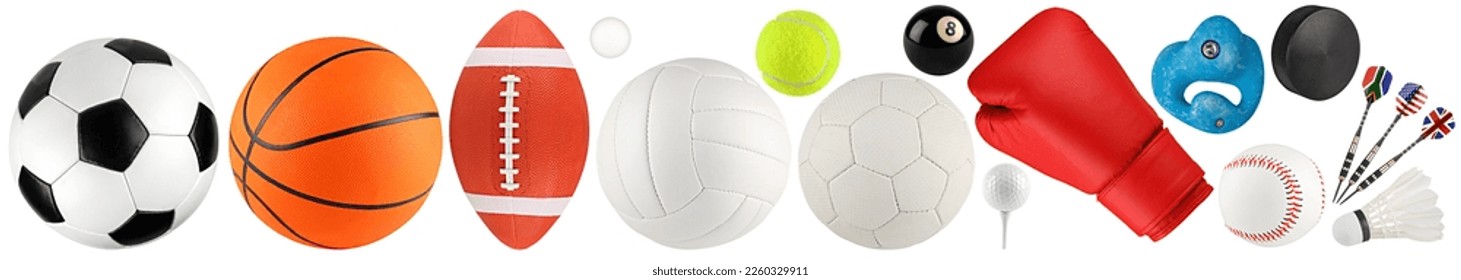 set collection of various sport gear and ball like soccer american football basketball handball boxing isolated on white background. sports equipmet activity concept