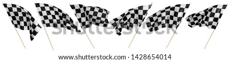 Set collection of waving black white chequered flag with wooden stick motorsport sport and racing concept isolated background