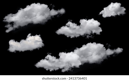 Set collection of white long cumulus clouds isolated on black background. Climate, metrology, design element, brush