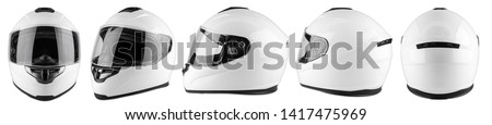 Set collection of white motorcycle carbon integral crash helmet isolated on white background. motorsport car kart racing transportation safety concept