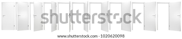 set collection of white open and\
closed doors with doorframe isolated on white\
background