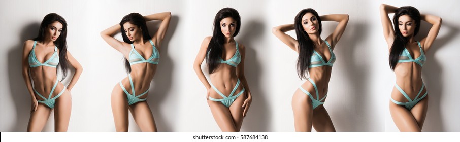 Set collection of young, sexy and beautiful women in swimsuit over white background. - Shutterstock ID 587684138