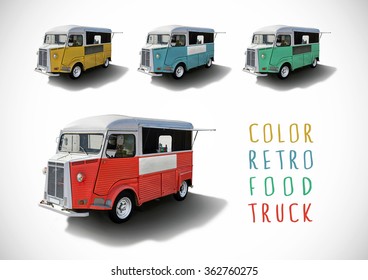 Set Of Color Retro Food Trucks Isolated With Cutting Path