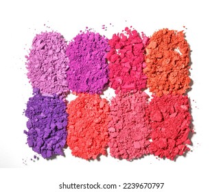 Set color swatches powder eyes  closeup cosmetic texture product for makeup isolated white background  Violet purple crushed eyeshadow palette  beauty branding  merchandise concept  color gradient