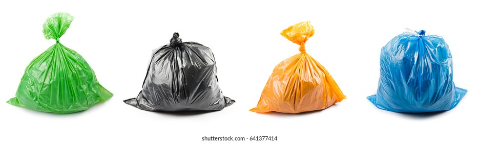 A set of colored garbage bags isolated on white background. Collage of garbage bags. - Shutterstock ID 641377414
