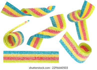 Set of colored jelly candy strips in sugar sprinkles isolated on white background.