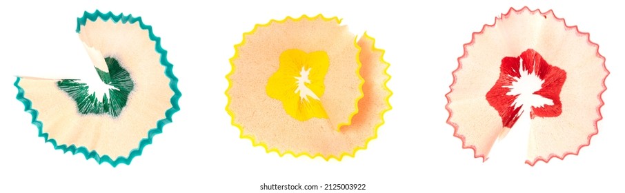 Set colored pencil shavings isolated on white background. closeup - Powered by Shutterstock