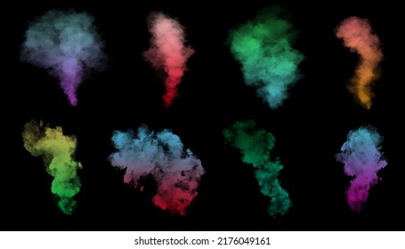 Set Of Colored Smoke In Different Colors Isolated On A Black Background. 