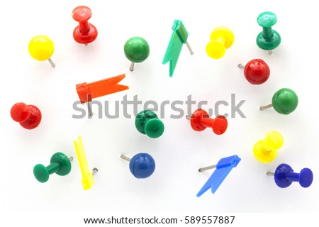 Set of colorful color push pins Thumbtacks. top view isolated on white background
