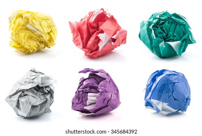 set of colorful crumpled paper balls isolated on white