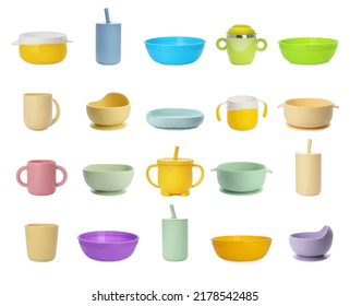 Set with colorful dishware on white background. Serving baby food - Shutterstock ID 2178542485