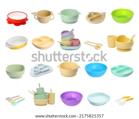 Set with colorful dishware on white background. Serving baby food