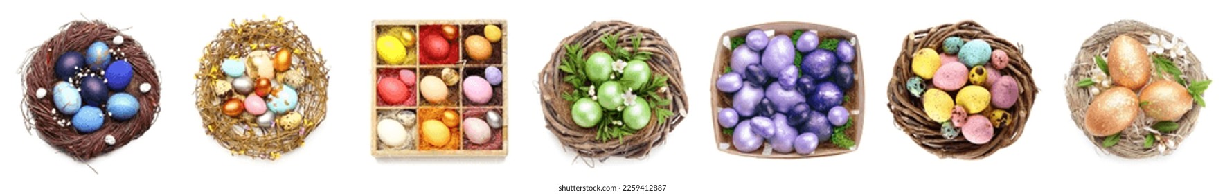Set colorful Easter eggs isolated white  top view