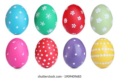 Set With Colorful Easter Eggs On White Background