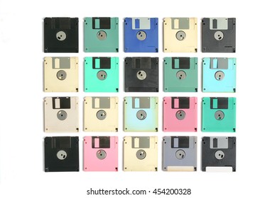 Set of colorful floppy disk or diskette on white background. Top view. Flat lay.