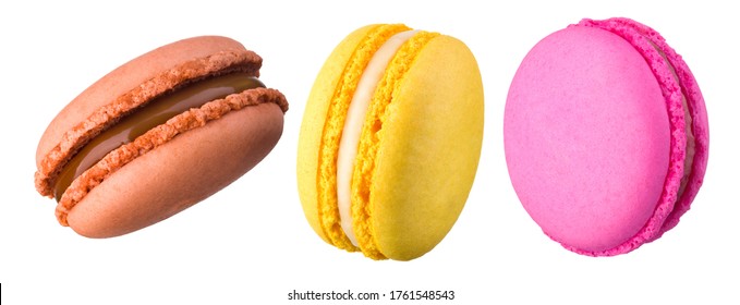 Set of colorful french macaroon isolated on white background.