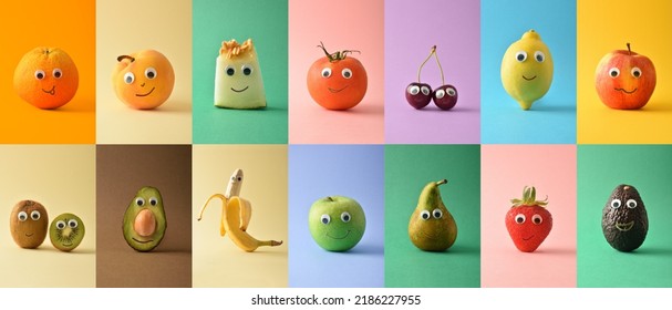 Set of colorful funny fruits with face on isolated color background. Fruits child healthy eating concept.