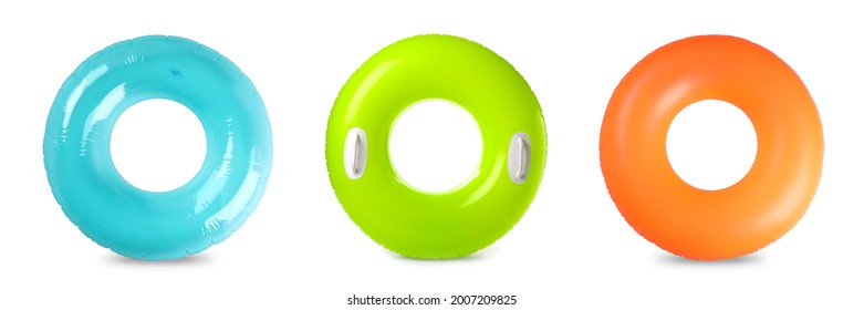 Set with colorful inflatable rings on white background, top view. Banner design - Shutterstock ID 2007209825