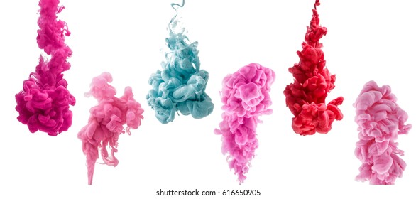 Set Of Colorful Ink Isolated On White Background. Red, Pink, Blue Drop Swirling Under Water. Cloud Of Ink In Water. 