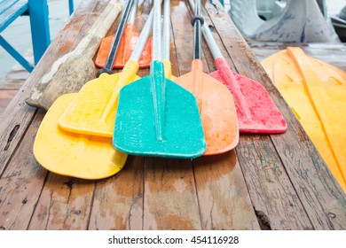 Set Of Colorful Oar And Paddles Of Kayak And Canoe Sport