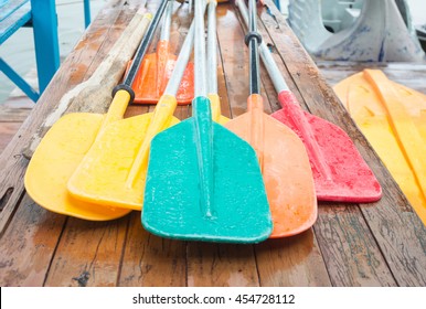 Set Of Colorful Oar And Paddles Of Kayak And Canoe Sport