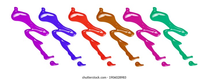 Set colorful paint stains  color spillage drops isolated white background  top view