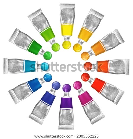 Set of colorful paint tubes isolated on white background. Color Wheel.