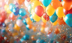 Set Of Colorful Realistic Mat Helium Balloons Floating On Blurred Colorful Background. Balloons For Birthday, Party, Wedding Or Promotion Banners Or Posters. Vivid Illustration In Pastel Colors. Copy