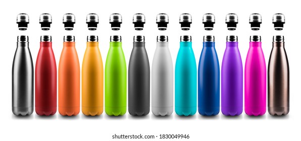 Set of colorful reusable steel stainless thermo water bottles with bottle caps, isolated on white background.