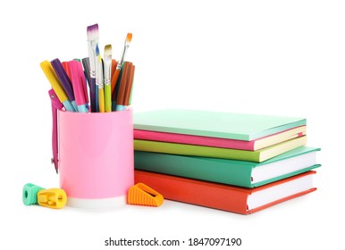 Set Of Colorful School Stationery On White Background