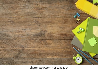 Set Of Colorful Stationery On Wooden Table, Flat Lay With Space For Text. Teacher's Day