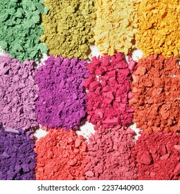 Set colorful swatches beauty product multi  colored crushed eyeshadows for makeup isolated white background  flat lay eyeshadows vivid colors  close up cosmetic textures  top view square pattern