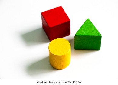 Set of colorful wooden shape toy (Square, triangle, round) on white background