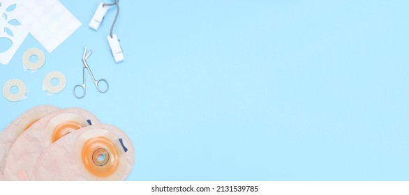 Set of colostomy bag on a blue background.