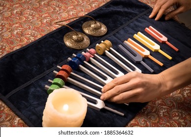 Set Of Colour Tuning Forks For Sound Healing With Hands And Bells