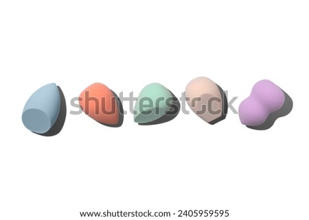 Set of colourful pastel blue, orange, biege, green and purple sponges for makeup isolated on white background with dark shadows. Beauty blender with different shape. 