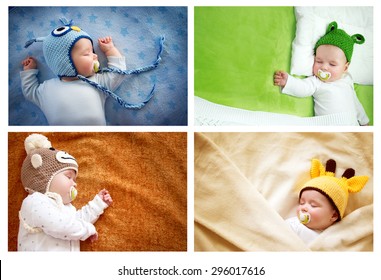 Set Of Colourful Pictures Of Sleeping Baby In Animal Hats