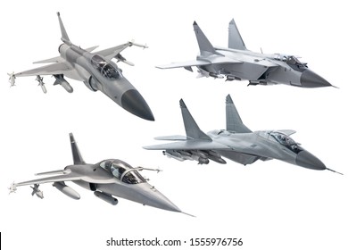 Set Of Combat Military Army Fighter Jet Plane Isolated On White Background