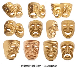 Set Of Comedy And  Tragedy Theatrical Mask Isolated On A White Background