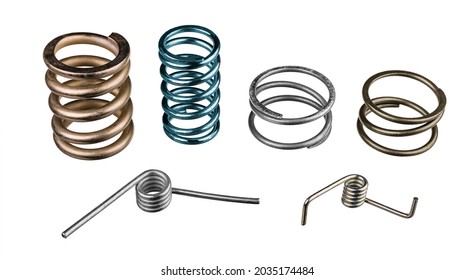 Set of compression and torsion elastic coiled springs isolated on white background. Helical wire winding in springy cylindric metal parts to store mechanic energy. Use in machine-building or vehicles. - Powered by Shutterstock