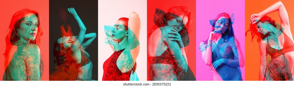 Set Of Conceptual Images With Young Adorable Woman And Purebred Dog Isolated Over Colored Background With Glitch Effect, Split Personality. Concept Of Beauty, Fashion, Imagination, Aspiration, Mental