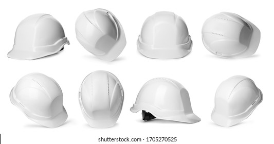 Set with construction safety hardhat on white background. Banner design