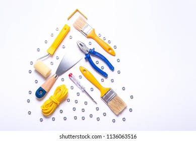 Set Of Constructor Tools On White Background, Christmas Tree