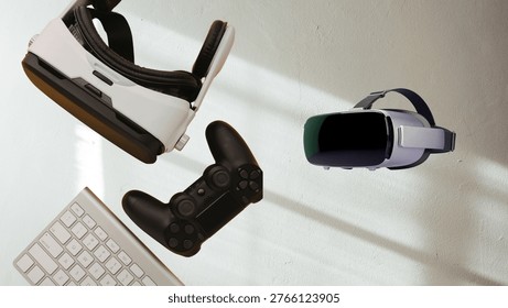 Set continuous line drawing of different people using vr headset. playing game, learning, watching with virtual reality. Editable line. Graphic illustration.Illustration of a young man enjoying a virtual reality.holding VR controllers, and diving into a futuristic world of imagination and gaming.