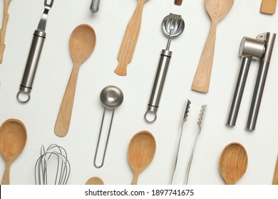 Set cooking utensils white background  flat lay