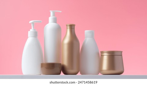 Set of cosmetic bottles, cream jar in bathroom. Toiletries for personal hygiene. Plastic container, liquid soap dispenser. Various beauty care products on table in home pink bath. Shampoo, hair mask - Powered by Shutterstock